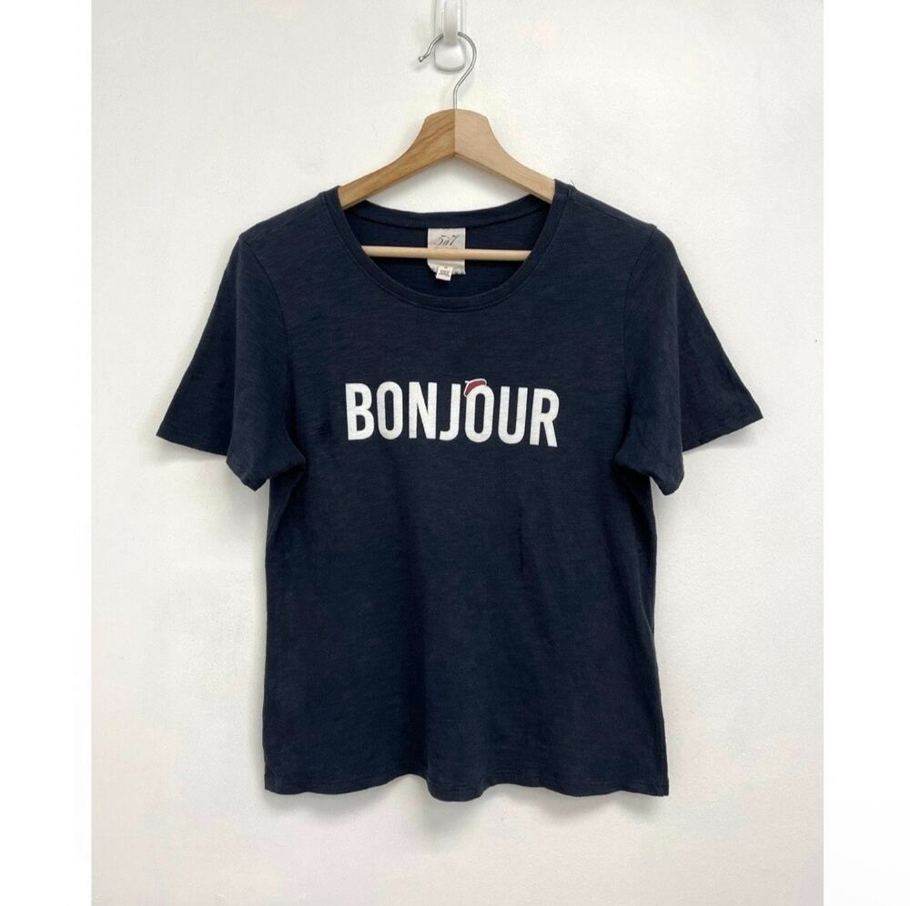 Cinq à Sept Bonjour Beret Shrunken Cotton Tee Graphic Spell Out Paris French Med